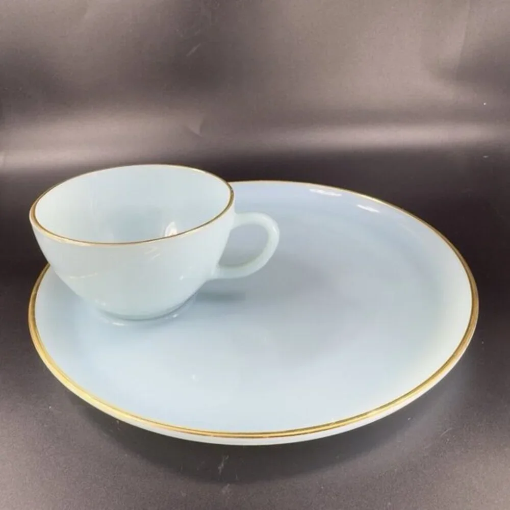 Vintage Anchor Hocking Fire King Blue Turquoise Lunch‎ Snack Plate and Cup Set